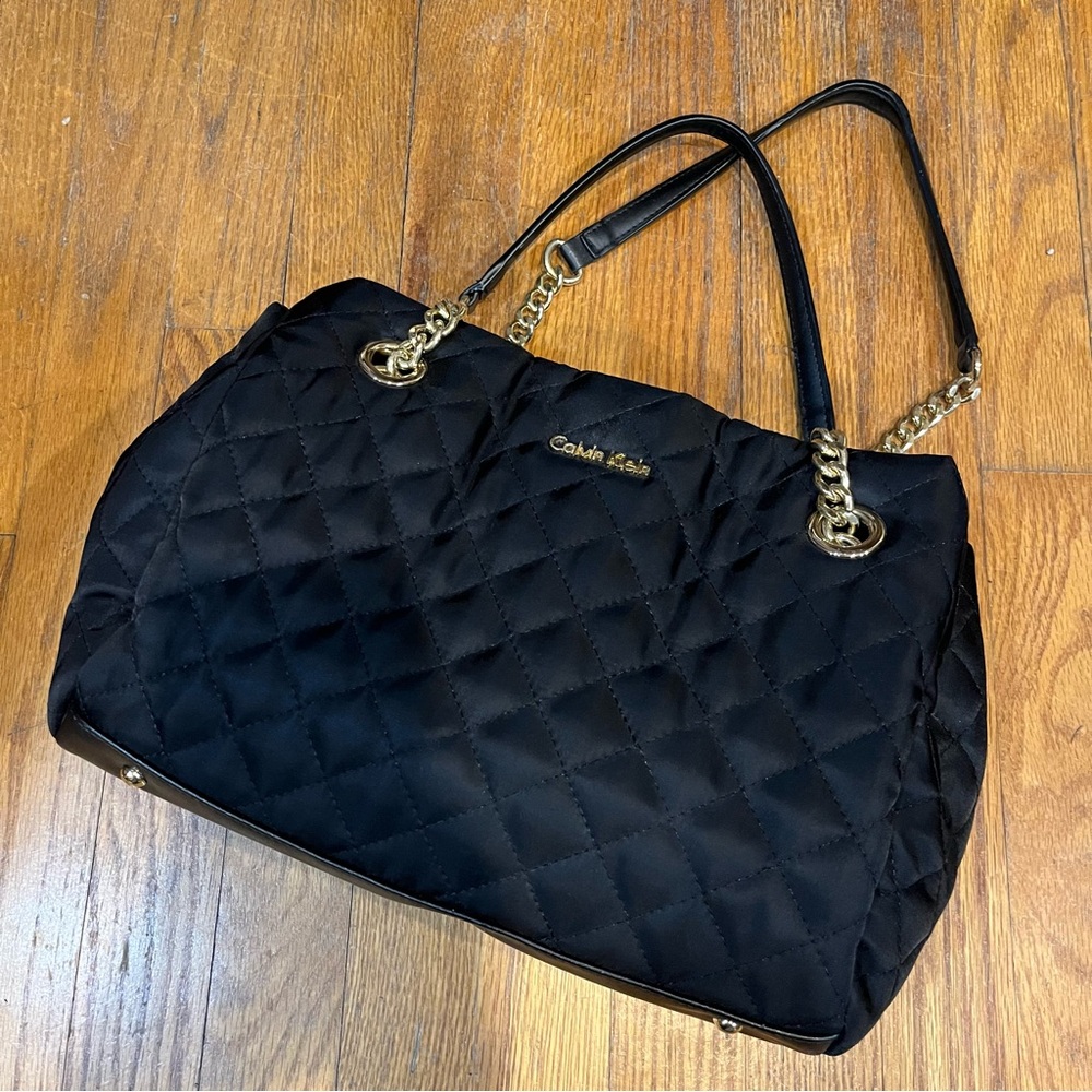 Calvin Klein Quilted Nylon Shoulder Bag Gold Chain and Leather